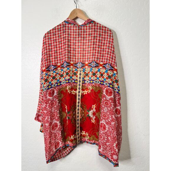 Johnny Was Samira Mixed-Print Embroidered back Silk Tie-Front Kimono - Picture 2 of 5